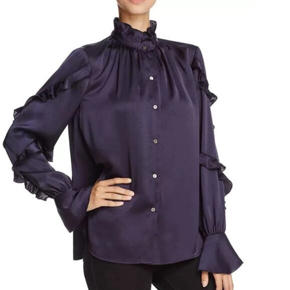 Bailey 44 Women's Ancestral Curse Navy Button Down Ruffle Blouse Size XS - Picture 1 of 12